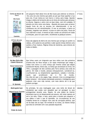 31
Contos do Nascer da
Terra
Mia Couto
Caminho
Um pequeno flash deste livro de Mia Couto para deliciar os leitores:
«Era uma vez uma menina que pediu ao pai que fosse apanhar a lua
para ela. O pai meteu-se num barco e remou para longe. Quando
chegou à dobra do horizonte pôs-se em bicos de sonhos para alcançar
as alturas. Segurou o astro com as duas mãos, com mil cuidados. O
planeta era leve como uma baloa. «Quando ele puxou para arrancar
aquele fruto do céu se escutou um rebentamundo. A lua se
cintilhaçou em mil estrelinhações. O mar se encrispou, o barco se
afundou, engolido num abismo. A praia se cobriu de prata, flocos de
luar cobriram o areal. A menina se pôs a andar ao contrário em todas
as direções, para lá e para além, recolhendo os pedaços lunares».
3º Ciclo
Adultos
O livro do ano
Afonso Cruz
Alfaguara
Estas são páginas do diário de uma menina que carrega um jardim na
cabeça, atira palavras aos pombos e sabe quanto tempo demora uma
sombra a ficar madura. Páginas feitas de memórias, para leitores de
todas as idades.
Adultos
No Meu Peito Não
Cabem Pássaros
Nuno Camarneiro
D. Quixote
Que linhas unem um imigrante que lava vidros num dos primeiros
arranha-céus de Nova Iorque a um rapaz misantropo que chega a
Lisboa num navio e a uma criança que inventa coisas que depois
acontecem? Muitas. Entre elas, as linhas que atravessam os livros. Em
1910, a passagem de dois cometas pela Terra semeou uma onda de
pânico. Em todo o mundo, pessoas enlouqueceram, suicidaram-se,
crucificaram-se, ou simplesmente aguardaram, caladas e vencidas,
aquilo que acreditavam ser o fim do mundo.
Nos dias em que o céu pegou fogo, estavam vivos os protagonistas
deste romance - três homens demasiado sensíveis e inteligentes para
poderem viver uma vida normal, com mais dentro de si do que
podiam carregar.
Adultos
Madrugada Suja
Miguel Sousa Tavares
Clube do Autor
No princípio, há uma madrugada suja: uma noite de álcool de
estudantes que acaba num pesadelo que vai perseguir os seus
protagonistas durante anos. Depois, há uma aldeia do interior
alentejano que se vai despovoando aos poucos, até restar apenas um
avô e um neto. Filipe, o neto, parte para o mundo sem esquecer a
sua aldeia e tudo o que lá aprendeu. As circunstâncias do seu
trabalho levam-no a tropeçar num caso de corrupção política, que
vai da base até ao topo. Ele enreda-se na trama, ao mesmo tempo
que esta se confunde com o seu passado esquecido.
Adultos
 