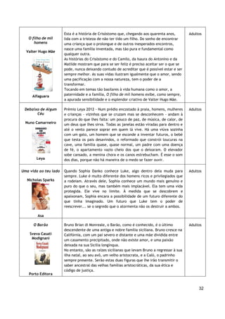 32
O filho de mil
homens
Valter Hugo Mãe
Alfaguara
Esta é a história de Crisóstomo que, chegando aos quarenta anos,
lida com a tristeza de não ter tido um filho. Do sonho de encontrar
uma criança que o prolongue e de outros inesperados encontros,
nasce uma família inventada, mas tão pura e fundamental como
qualquer outra.
As histórias do Crisóstomo e do Camilo, da Isaura do Antonino e da
Matilde mostram que para se ser feliz é preciso aceitar ser o que se
pode, nunca deixando contudo de acreditar que é possível estar e ser
sempre melhor. As suas vidas ilustram igualmente que o amor, sendo
uma pacificação com a nossa natureza, tem o poder de a
transformar.
Tocando em temas tão basilares à vida humana como o amor, a
paternidade e a família, O filho de mil homens exibe, como sempre,
a apurada sensibilidade e o esplendor criativo de Valter Hugo Mãe.
Adultos
Debaixo de Algum
Céu
Nuno Camarneiro
Leya
Prémio Leya 2012 - Num prédio encostado à praia, homens, mulheres
e crianças - vizinhos que se cruzam mas se desconhecem - andam à
procura do que lhes falta: um pouco de paz, de música, de calor, de
um deus que lhes sirva. Todas as janelas estão viradas para dentro e
até o vento parece soprar em quem lá vive. Há uma viúva sozinha
com um gato, um homem que se esconde a inventar futuros, o bebé
que testa os pais desavindos, o reformado que constrói loucuras na
cave, uma família quase, quase normal, um padre com uma doença
de fé, o apartamento vazio cheio dos que o deixaram. O elevador
sobe cansado, a menina chora e os canos estrebucham. É esse o som
dos dias, porque não há maneira de o medo se fazer ouvir.
Adultos
Uma vida ao teu lado
Nicholas Sparks
Asa
Quando Sophia Danko conhece Luke, algo dentro dela muda para
sempre. Luke é muito diferente dos homens ricos e privilegiados que
a rodeiam. Através dele, Sophia conhece um mundo mais genuíno e
puro do que o seu, mas também mais implacável. Ela tem uma vida
protegida. Ele vive no limite. À medida que se descobrem e
apaixonam, Sophia encara a possibilidade de um futuro diferente do
que tinha imaginado. Um futuro que Luke tem o poder de
reescrever... se o segredo que o atormenta não os destruir a ambos.
Adultos
O Barão
Sveva Casati
Modignani
Porto Editora
Bruno Brian di Monreale, o Barão, como é conhecido, é o último
descendente de uma antiga e nobre família siciliana. Bruno cresce na
Califórnia, com um pai severo e distante e uma mãe dividida entre
um casamento precipitado, onde não existe amor, e uma paixão
deixada na sua Sicília longínqua.
No entanto, são as raízes sicilianas que levam Bruno a regressar à sua
ilha natal, ao seu avô, um velho aristocrata, e a Calò, o padrinho
sempre presente. Serão estas duas figuras que lhe irão transmitir o
saber ancestral das velhas famílias aristocráticas, da sua ética e
código de justiça.
Adultos
 