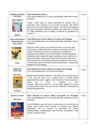 7
Anedotas da Escola
ilustradas
Tiago Salgueiro
Gailivro
Plano Nacional de Leitura
Livro recomendado para o 3º ano de escolaridade, destinado a leitura
autónoma.
«Mamã, mamã! Hoje na escola chamaram-me mafioso! Não te
preocupes, filho. Amanhã eu vou lá tratar do assunto. Boa mamã!
Mas faz com que tudo pareça um acidente.» Este livro inclui algumas
das mais engraçadas e divertidas anedotas que andam por aí a fazer
rir. Podes partilhá-las com os amigos e familiares ou guardá-las na
memória.
1º Ciclo
Versos de Cacaracá
António Manuel
Couto Viana
Texto
Plano Nacional de Leitura /Metas Curriculares de Português
Livro recomendado para o 4º ano de escolaridade, destinado a leitura
autónoma.
Anda daí e abre a porta a um mundo cheio de cor e de vida, onde
irás encontrar miúdos divertidos e animais extrovertidos, barcos a
velejar e fardas da cor do mar, peixinhos pouco simpáticos e
pescadores sorumbáticos, burros motorizados e ratinhos assustados,
pinceladas de Sol e golpes de anzol, insetos que tocam rabecão e um
cação resmungão, animais que formam casais e muitas coisas mais.
Vem conhecer este mundo nestas histórias contadas em verso e com
a mestria das palavras de António Manuel Couto Viana e a alegria das
imagens de Vasco Gargalo.
1º Ciclo
O Beijo da
Palavrinha
Mia Couto
Caminho
Plano Nacional de Leitura /Metas Curriculares de Português
Livro recomendado para o 4º ano de escolaridade.
Quando Maria Poeirinha adoeceu, o Tio Jaime Litorânio disse que só
o mar, que ela nunca vira, a poderia curar. A menina estava
demasiado fraca para a viagem, mas o irmão Zeca Zonzo encontrou o
modo de a levar a conhecer o mar.
O poder mágico das palavras é o tema deste segundo livro para
crianças de Mia Couto, mais uma vez com magníficas ilustrações de
Danuta Wojciechowska.
1º Ciclo
O gato e o escuro
Mia Couto
Caminho
Plano Nacional de Leitura /Metas Curriculares de Português
Livro recomendado para o 4º ano de escolaridade, destinado a leitura
autónoma.
A inventividade a que Mia Couto nos acostumou e o seu domínio da
língua, numa história para crianças, ou também para adultos
partilharem com as crianças. As ilustrações de Danuta
Wojciechowska complementam este universo maravilhoso. Para
perder o medo do escuro.
1º Ciclo
 