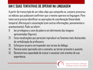 IAN E SUAS TENTATIVAS DE OPERAR NA LINGUAGEM
A partir da transcrição de um vídeo clipe que compunha os corpora, procurouse indícios que pudessem confirmar que o menino operava na linguagem. Para
tanto seria preciso identificar as operações de coordenação (linearidade
temporal, diferenças) e associação (com outras informações, pensamentos e
acontecimento). Pode-se inferir:
1) Ian privilegiava o som da palavra em detrimento das imagens
apresentadas (figuras).
2) Fazia vocalizações que pareciam reproduzir os fonemas mais destacados
da verbalização da professora.
3) Esforçava-se para corresponder aos turnos do diálogo.
4) Parecia estar operando com o conceito, ao tornar presente o ausente.
5) Demonstrava capacidade de evocar e associar com eventos de sua
experiência.

 