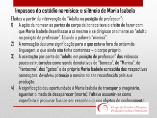 Impasses do estádio narcísico: o silêncio de Maria Isabela
Efeitos a partir da intervenção do “Adulto na posição de professor”:
1) A ação de nomear as partes do corpo da boneca teve o efeito de fazer com
que Maria Isabela desenhasse a si mesma e se dirigisse oralmente ao “adulto
na posição de professor”, falando a palavra “menina”.
2) A nomeação deu uma significação para o que estava fora da ordem da
linguagem, o que ainda não tinha contornos – o corpo próprio.
3) A aceitação por parte do “adulto em posição de professor” dos rabiscos
pouco estruturados como sendo denotativos de “boneca”, de “Marisa”, do
“fantasma”, dos “gatos” e da própria Maria Isabela acrescida das respectivas
nomeações, devolveu potência a menina ao ser reconhecida pela sua
produção.
4) A significação deu oportunidade à Maria Isabela de transpor o imaginário,
aguentar o medo de desaparecer (morte). Faltava assumir-se como
imperfeita e procurar buscar ser reconhecida nos objetos de conhecimento.

 