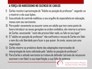 A FORÇA DO NARCISISMO NO SILÊNCIO DE CARLOS
1) Carlos resiste à aproximação do “Adulto na posição de professor”, negando-se
a mostrar a ela suas lições.
2) Essa atitude de controle mobilizou o seu orgulho de especialista em educação,
mexeu com seu narcisismo.
3) Para poder novamente se assumir como um adulto que tem como ponto de
honra introduzir as novas gerações na ordem simbólica, ela retorna à carteira
de Carlos, anunciando: “você não precisa falar nada, eu falo no seu lugar”.
4) O “adulto em posição de professor” não confronta a recusa de Carlos em falar
e nem dá a ele liberdade para fazer o que quiser. Ao invés, acena com uma
negociação.
5) Carlos mostra-se produtivo diante das adaptações improvisadas de
interpretação de texto solicitada pelo “adulto na posição de professor”.
6) Para Carlos a atitude narcisista se tratava de defender (através da recusa em
escrever e em falar) a sua imperfeição, a sua falta de potência.

 