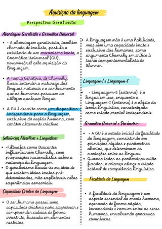 Aquisição da linguagem
Perspectiva Gerativista
- A abordagem gerativista, também
chamada de inatista, postula a
existência de um mecanismo inato, a
Gramática Universal (GU),
responsável pela aquisiçã o da
linguagem.
A Teoria Gerativa, de Chomsky,
busca entender a natureza das
línguas naturais e o conhecimento
que os humanos possuem ao
utilizar qualquer língua.
A GU é descrita como um dispositivo
independente para a linguagem,
exclusivo da espécie humana, com
caráter altamente criativo.
Abordagem Gerativista e Gramática Universal:
- Linguagem-E (externa) é a
língua em uso, enquanto a
Linguagem-I (interna) é o objeto da
teoria linguística, caracterizada
como estado mental independente.
- A GU é o estado inicial da faculdade
da linguagem, consistindo em
princípios rígidos e parâmetros
abertos, que determinam as
variaçõ es entre as línguas.
Quando todos os parâmetros estã o
fixados, a criança atinge o estado
estável de competência linguística.
Influências Filosóficas e Linguísticas
Faculdade da Linguagem
Gramática Universal e Parâmetros:
Linguagem-I e Linguagem-E
-Filósofos como Descartes
influenciaram Chomsky, com
proposiçõ es racionalistas sobre a
natureza da linguagem.
O gerativismo baseia-se na ideia de
que existem ideias inatas pré-
determinadas, nã o explicáveis pelas
experiências sensoriais.
O ser humano possui uma
capacidade criativa para expressar e
compreender cadeias de forma
irrestrita, baseada em elementos
restritos.
Capacidade Criativa da Linguagem
A linguagem nã o é uma habilidade,
mas sim uma capacidade inata e
exclusiva dos humanos, como
argumenta Chomsky em crítica à
teoria comportamentalista de
Skinner.
A faculdade da linguagem é um
aspecto essencial da mente humana,
operando de forma rápida,
inconsciente e comum entre os seres
humanos, envolvendo processos
complexos.
 