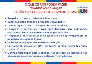 Respeitar o ritmo e o interesse da criança. 
Saber que cada criança é única intelectualmente. 
Lembrar que a sua criança aprende quando brinca. 
Estimular e acolher as novas aprendizagens, sem cobranças, 
escutando da criança somente aquilo que quer falar. 
Respeitar o período de silêncio no início do desenvolvimento da 
aquisição da segunda língua. 
Valorizar os avanços nos trabalhos de inglês. 
Se possível, assistir um DVD em inglês, juntos, contar histórias, 
cantar músicas. 
Quando falar inglês com a criança, não misturar as línguas e não 
comunicar-se em português e inglês ao mesmo tempo. 
SISTEMA LEARNING FUN DE FRANQUIA 
O QUE OS PAIS PODEM FAZER 
QUANDO AS CRIANÇAS 
ESTÃO APRENDENDO UM SEGUNDO IDIOMA? 
 
