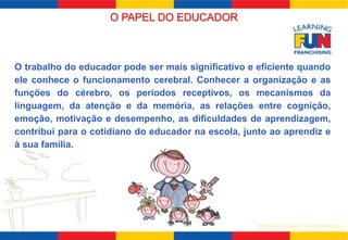 O trabalho do educador pode ser mais significativo e eficiente quando 
ele conhece o funcionamento cerebral. Conhecer a organização e as 
funções do cérebro, os períodos receptivos, os mecanismos da 
linguagem, da atenção e da memória, as relações entre cognição, 
emoção, motivação e desempenho, as dificuldades de aprendizagem, 
contribui para o cotidiano do educador na escola, junto ao aprendiz e 
à sua família. 
SISTEMA LEARNING FUN DE FRANQUIA 
O PAPEL DO EDUCADOR 
 