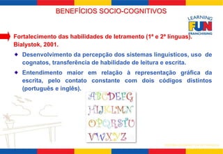 BENEFÍCIOS SOCIO-COGNITIVOS 
Fortalecimento das habilidades de letramento (1ª e 2ª línguas). 
Bialystok, 2001. 
Desenvolvimento da percepção dos sistemas linguísticos, uso de 
cognatos, transferência de habilidade de leitura e escrita. 
Entendimento maior em relação à representação gráfica da 
escrita, pelo contato constante com dois códigos distintos 
(português e inglês). 
SISTEMA LEARNING FUN DE FRANQUIA 
 