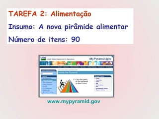 TAREFA 2: Alimentação   Insumo: A nova pirâmide alimentar Número de itens: 90 www.mypyramid.gov 