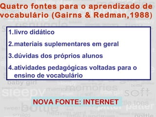 livro didático materiais suplementares em geral  dúvidas dos próprios alunos atividades pedagógicas voltadas para o ensino de vocabulário  NOVA FONTE: INTERNET  Quatro fontes para o aprendizado de  vocabulário (Gairns & Redman,1988 )   