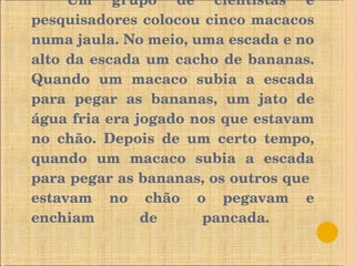 Um grupo de cientistas e pesquisadores colocou cinco macacos numa jaula. No meio, uma escada e no alto da escada um cacho de bananas. Quando um macaco subia a escada para pegar as bananas, um jato de água fria era jogado nos que estavam no chão. Depois de um certo tempo, quando um macaco subia a escada para pegar as bananas, os outros que  estavam no chão o pegavam e enchiam de pancada.  