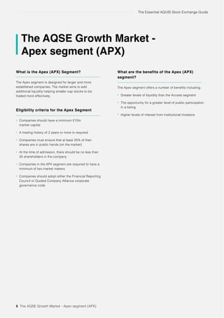 The Essential AQUIS Stock Exchange Guide
8 The AQSE Growth Market - Apex segment (APX)
The AQSE Growth Market -
Apex segment (APX)
What is the Apex (APX) Segment?
The Apex segment is designed for larger and more
established companies. The market aims to add
additional liquidity helping smaller cap stocks to be
traded more effectively.
Eligibility criteria for the Apex Segment
• Companies should have a minimum £10m
market capital
• A trading history of 2 years or more is required
• Companies must ensure that at least 25% of their
shares are in public hands (on the market)
• At the time of admission, there should be no less than
25 shareholders in the company
• Companies in the APX segment are required to have a
minimum of two market makers
• Companies should adopt either the Financial Reporting
Council or Quoted Company Alliance corporate
governance code
What are the benefits of the Apex (APX)
segment?
The Apex segment offers a number of benefits including;
• Greater levels of liquidity than the Access segment
• The opportunity for a greater level of public participation
in a listing
• Higher levels of interest from institutional investors
 