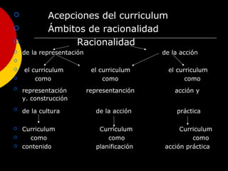  Acepciones del curriculum
 Ámbitos de racionalidad
 Racionalidad
 de la representación de la acción

 el curriculum el curriculum el curriculum
 como como como

representación representanción acción y
y. construcción

de la cultura de la acción práctica
 Curriculum Curriculum Curriculum
 como como como
 contenido planificación acción práctica
 