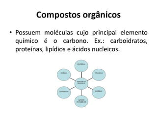 Compostos orgânicos
• Possuem moléculas cujo principal elemento
químico é o carbono. Ex.: carboidratos,
proteínas, lipídios e ácidos nucleicos.
 