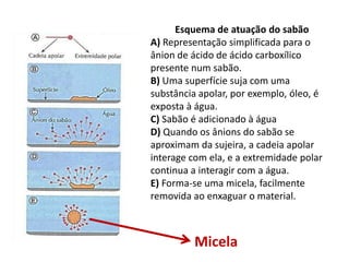 Esquema de atuação do sabão
A) Representação simplificada para o
ânion de ácido de ácido carboxílico
presente num sabão.
B) Uma superfície suja com uma
substância apolar, por exemplo, óleo, é
exposta à água.
C) Sabão é adicionado à água
D) Quando os ânions do sabão se
aproximam da sujeira, a cadeia apolar
interage com ela, e a extremidade polar
continua a interagir com a água.
E) Forma-se uma micela, facilmente
removida ao enxaguar o material.

Micela

 
