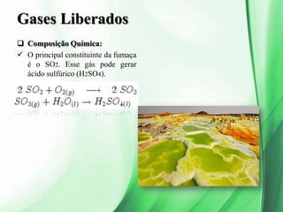 Gases Liberados
 Composição Química:
 O principal constituinte da fumaça
é o SO2. Esse gás pode gerar
ácido sulfúrico (H2SO4).
 