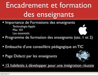 Encadrement et formation
                 Mon rôle
              des enseignants
   • Importance de Formations des enseignants
                   Technologie Apple
                   Mac 101
                   Les essentiels
   • Programme de formation des enseignants (sec. 1 et 2)
   • Embauche d’une conseillère pédagogique en TIC
   • Page Didacti par les enseignants
   • 15 habiletés à développer pour une intégration réussie
jeudi 28 mars 13
 