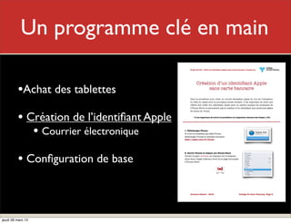 Mon rôle
           Un programme clé en main
                                                 Projet Dé-Clic - Créer un identiﬁant Apple sans carte bancaire (version 2)




         •Achat des tablettes
                                                        Création d’un identiﬁant Apple
                                                             sans carte bancaire

                                                 Voici la procédure pour créer un nouvel identiﬁant Apple en vue de l’utilisation
                                                 du iPad en classe pour la prochaine année scolaire. Il est important de noter que
                                                 l’élève doit créer son identiﬁant Apple avec un parent puisque les politiques de
                                                 l’iTunes Store ne permettent pas la création d’un identiﬁant aux personnes âgées




         • Création de l’identiﬁant Apple
                                                 de moins de 13 ans.

                                                    * Il est important de suivre la procédure en respectant chacune des étapes (13)




            • Courrier électronique         1. Télécharger iTunes
                                            Si vous ne possédez pas déjà iTunes,
                                            télécharger iTunes à l’adresse suivante :
                                            http://apple.com/fr/itunes




         • Conﬁguration de base
                                            2. Ouvrir iTunes et cliquer sur iTunes Store
                                            Choisir le pays «Canada» en cliquant sur le drapeau
                                            situé dans l’angle inférieur droit de la page principale
                                            d’iTunes Store.




                                                 Corinne Gilbert - 2012
                       
        Collège St-Jean-Vianney, Page 2




jeudi 28 mars 13
 