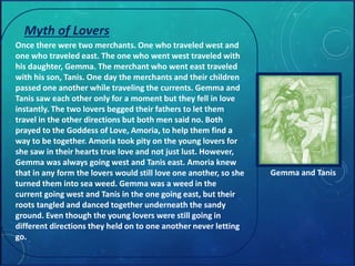 Myth of Lovers 
Once there were two merchants. One who traveled west and 
one who traveled east. The one who went west traveled with 
his daughter, Gemma. The merchant who went east traveled 
with his son, Tanis. One day the merchants and their children 
passed one another while traveling the currents. Gemma and 
Tanis saw each other only for a moment but they fell in love 
instantly. The two lovers begged their fathers to let them 
travel in the other directions but both men said no. Both 
prayed to the Goddess of Love, Amoria, to help them find a 
way to be together. Amoria took pity on the young lovers for 
she saw in their hearts true love and not just lust. However, 
Gemma was always going west and Tanis east. Amoria knew 
that in any form the lovers would still love one another, so she 
turned them into sea weed. Gemma was a weed in the 
current going west and Tanis in the one going east, but their 
roots tangled and danced together underneath the sandy 
ground. Even though the young lovers were still going in 
different directions they held on to one another never letting 
go. 
Gemma and Tanis 
 