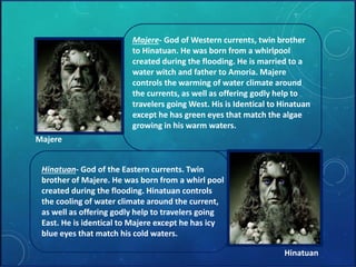 Majere- God of Western currents, twin brother 
to Hinatuan. He was born from a whirlpool 
created during the flooding. He is married to a 
water witch and father to Amoria. Majere 
controls the warming of water climate around 
the currents, as well as offering godly help to 
travelers going West. His is Identical to Hinatuan 
except he has green eyes that match the algae 
growing in his warm waters. 
Majere 
Hinatuan- God of the Eastern currents. Twin 
brother of Majere. He was born from a whirl pool 
created during the flooding. Hinatuan controls 
the cooling of water climate around the current, 
as well as offering godly help to travelers going 
East. He is identical to Majere except he has icy 
blue eyes that match his cold waters. 
Hinatuan 
 