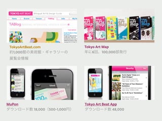 TokyoArtBeat.com            Tokyo Art Map
 約1,000館の美術館・ギャラリーの          年に6回、100,000部発行
 展覧会情報




MuPon                        Tokyo Art Beat App
ダウンロード数 18,000（500-1,000円）   ダウンロード数 48,000
 