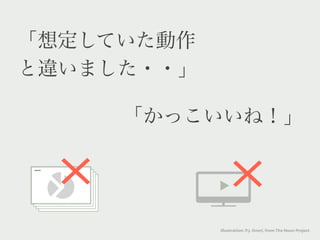 「想定していた動作
と違いました・・」

     「かっこいいね！」


 ×             ×
            Illustration: P.J. Onori, from The Noun Project
 