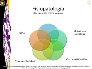 Fisiopatología
Aberraciones cromosómicas
Mutaciones
somáticas
Vías de señalización
Proceso inflamatorio
Nicho
Kipps T. Chronic lymphocytic leukaemia. Nat Rev Dis Primers. 2017 Jan 19; 3: 16096. Kaushansky K. Williams Hematology; 9th edition McGraw Hill; 2016.
Hallek M. Hematologic Malignancies: Chronic lymphocytic leukemia. Springer; 2019.
 