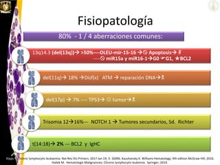 13q14.3 (del(13q)) >50%----DLEU-mir-15-16  Apoptosis 
---- miR15a y miR16-1G0 G1, BCL2
del(11q) 18% Disf(x) ATM  reparación DNA
del(17p)  7% ---- TP53  tumor
Trisomia 1216%--- NOTCH 1  Tumores secundarios, Sd. Richter
t(14:18) 2% --- BCL2 y IgHC
Fisiopatología
Kipps T. Chronic lymphocytic leukaemia. Nat Rev Dis Primers. 2017 Jan 19; 3: 16096. Kaushansky K. Williams Hematology; 9th edition McGraw Hill; 2016.
Hallek M. Hematologic Malignancies: Chronic lymphocytic leukemia. Springer; 2019.
80% - 1 / 4 aberraciones comunes:
 