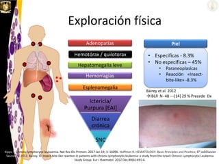 Exploración física
Adenopatias
Esplenomegalia
Hepatomegalia leve
Hemorragias
Hemotórax / quilotorax
Ictericia/
Purpura [EAI]
Diarrea
crónica
SNC
Kipps T. Chronic lymphocytic leukaemia. Nat Rev Dis Primers. 2017 Jan 19; 3: 16096. Hoffman R. HEMATOLOGY: Basic Principles and Practice; 6th ed Elsevier
Saunders; 2012. Bairey O. Insect-bite-like reaction in patients with chronic lymphocytic leukemia: a study from the Israeli Chronic Lymphocytic Leukemia
Study Group. Eur J Haematol. 2012 Dec;89(6):491-6.
• Especificas - 8.3%
• No especificas – 45%
• Paraneoplasicas
• Reacción «Insect-
bite-like» -8.3%
Piel
Bairey et al 2012
IBLR N- 48 ---[14] 29 % Precede Dx
 