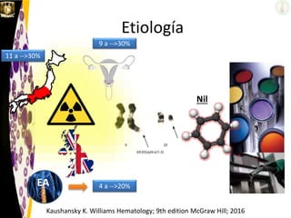 Etiología
Kaushansky K. Williams Hematology; 9th edition McGraw Hill; 2016
EA 4 a -->20%
9 a -->30%
11 a -->30%
Nil
 