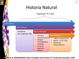 Indolente
Dx incidental 70%
• Síntomas
constitucionales
• Ostalgia
• complejidad
cariotipo
• Inicio de
regresión
blastica
Historia Natural
Hoffman R. HEMATOLOGY: Basic Principles and Practice; 6th ed Elsevier Saunders; 2012
Diagnóstico  3 años
• ~25% no presenta FA
• Blástos en SP y MO
• Afecciones
extramedulares
Pre Clínica
Fase Crónica
Fase acelerada
Crisis Blástica
 