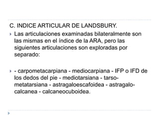 C. INDICE ARTICULAR DE LANDSBURY.Las articulaciones examinadas bilateralmente son las mismas en el índice de la ARA, pero las siguientes articulaciones son exploradas por separado: - carpometacarpiana - mediocarpiana - IFP o IFD de los dedos del pie - mediotarsiana - tarso-metatarsiana - astragaloescafoidea - astragalo-calcanea - calcaneocuboidea. 
