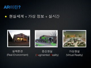 AR        ?

●               +            +




 (Real Environment)   (Augmented Reality)   (Virtual Reality)
 