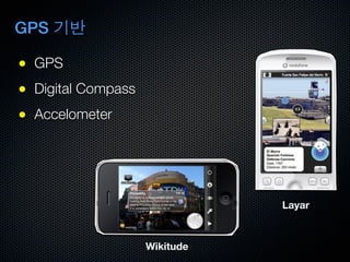 GPS

● GPS
● Digital Compass
● Accelometer




                               Layar



                    Wikitude
 