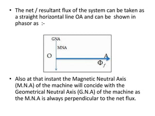 • The net / resultant flux of the system can be taken as
  a straight horizontal line OA and can be shown in
  phasor as :-




• Also at that instant the Magnetic Neutral Axis
  (M.N.A) of the machine will concide with the
  Geometrical Neutral Axis (G.N.A) of the machine as
  the M.N.A is always perpendicular to the net flux.
 