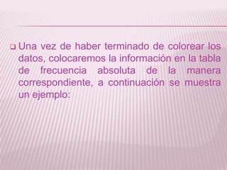    Una vez de haber terminado de colorear los
    datos, colocaremos la información en la tabla
    de frecuencia absoluta de la manera
    correspondiente, a continuación se muestra
    un ejemplo:
 