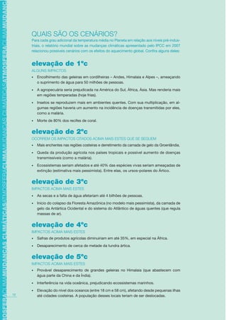 12
QUAIS SÃO OS CENÁRIOS?
Para cada grau adicional da temperatura média no Planeta em relação aos níveis pré-indus-
triais, o relatório mundial sobre as mudanças climáticas apresentado pelo IPCC em 2007
relacionou possíveis cenários com os efeitos do aquecimento global. Confira alguns deles:
elevação de 1ºc
ALGUNS IMPACTOS
Encolhimento das geleiras em cordilheiras – Andes, Himalaia e Alpes –, ameaçando•
o suprimento de água para 50 milhões de pessoas.
A agropecuária seria prejudicada na América do Sul, África, Ásia. Mas renderia mais•
em regiões temperadas (hoje frias).
Insetos se reproduzem mais em ambientes quentes. Com sua multiplicação, em al-•
gumas regiões haveria um aumento na incidência de doenças transmitidas por eles,
como a malária.
Morte de 80% dos recifes de coral.•
elevação de 2ºc
OCORREM OS IMPACTOS CITADOS ACIMA MAIS ESTES QUE SE SEGUEM
Mais enchentes nas regiões costeiras e derretimento da camada de gelo da Groenlândia.•
Queda da produção agrícola nos países tropicais e possível aumento de doenças•
transmissíveis (como a malária).
Ecossistemas seriam afetados e até 40% das espécies vivas seriam ameaçadas de•
extinção (estimativa mais pessimista). Entre elas, os ursos-polares do Ártico.
elevação de 3ºc
IMPACTOS ACIMA MAIS ESTES
As secas e a falta de água afetariam até 4 bilhões de pessoas.•
Início do colapso da Floresta Amazônica (no modelo mais pessimista), da camada de•
gelo da Antártica Ocidental e do sistema do Atlântico de águas quentes (que regula
massas de ar).
elevação de 4ºc
IMPACTOS ACIMA MAIS ESTES
Safras de produtos agrícolas diminuiriam em até 35%, em especial na África.•
Desaparecimento de cerca de metade da tundra ártica.•
elevação de 5ºc
IMPACTOS ACIMA MAIS ESTES
Provável desaparecimento de grandes geleiras no Himalaia (que abastecem com•
água parte da China e da Índia).
Interferência na vida oceânica, prejudicando ecossistemas marinhos.•
Elevação do nível dos oceanos (entre 18 cm e 58 cm), afetando desde pequenas ilhas•
até cidades costeiras. A população desses locais teriam de ser deslocadas.
TMOSFERACLIMAMUDANÇASCLIMÁTICASATMOSFERACLIMAMUDANÇASCLIMÁTICASATMOSFERACLIMAMUDANÇAS
AF caderno ar.indd 12AF caderno ar.indd 12 6/3/2008 5 33 49 PM6/3/2008 5 33 49 PM
 