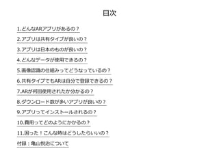 ⽬次
1.どんなARアプリがあるの？
2.アプリは共有タイプが良いの？
3.アプリは⽇本のものが良いの？
4.どんなデータが使⽤できるの？
5.画像認識の仕組みってどうなっているの？
6.共有タイプでもARは⾃分で登録できるの？
7.ARが何回...