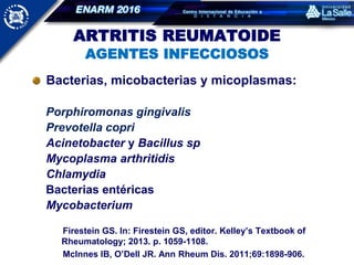 ARTRITIS REUMATOIDE
AGENTES INFECCIOSOS
Bacterias, micobacterias y micoplasmas:
Porphiromonas gingivalis
Prevotella copri
Acinetobacter y Bacillus sp
Mycoplasma arthritidis
Chlamydia
Bacterias entéricas
Mycobacterium
Firestein GS. In: Firestein GS, editor. Kelley’s Textbook of
Rheumatology; 2013. p. 1059-1108.
McInnes IB, O’Dell JR. Ann Rheum Dis. 2011;69:1898-906.
 
