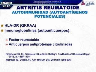ARTRITIS REUMATOIDE
AUTOINMUNIDAD (AUTOANTÍGENOS
POTENCIALES)
ARTRITIS REUMATOIDE
AUTOINMUNIDAD (AUTOANTÍGENOS
POTENCIALES)
HLA-DR (QKRAA)
Inmunoglobulinas (autoanticuerpos):
 Factor reumatoide
 Anticuerpos antiproteínas citrulinadas
Firestein GS. In: Firestein GS, editor. Kelley’s Textbook of Rheumatology;
2013. p. 1059-1108.
McInnes IB, O’Dell JR. Ann Rheum Dis. 2011;69:1898-906.
 