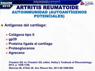 ARTRITIS REUMATOIDE
AUTOINMUNIDAD (AUTOANTÍGENOS
POTENCIALES)
ARTRITIS REUMATOIDE
AUTOINMUNIDAD (AUTOANTÍGENOS
POTENCIALES)
Antígenos del cartílago:
 Colágena tipo II
 gp39
 Proteína ligada al cartílago
 Proteoglucanos
 Agrecano
Firestein GS. In: Firestein GS, editor. Kelley’s Textbook of Rheumatology;
2013. p. 1059-1108.
McInnes IB, O’Dell JR. Ann Rheum Dis. 2011;69:1898-906.
 
