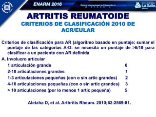 ARTRITIS REUMATOIDE
CRITERIOS DE CLASIFICACIÓN 2010 DE
ACR/EULAR
Criterios de clasificación para AR (algoritmo basado en puntaje: sumar el
puntaje de las categorías A-D: se necesita un puntaje de 6/10 para
clasificar a un paciente con AR definida
A. Involucro articular
1 articulación grande 0
2-10 articulaciones grandes 1
1-3 articulaciones pequeñas (con o sin artic grandes) 2
4-10 articulaciones pequeñas (con o sin artic grandes) 3
> 10 articulaciones (por lo menos 1 artic pequeña) 5
Aletaha D, et al. Arthritis Rheum. 2010;62:2569-81.
 