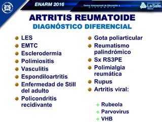 ARTRITIS REUMATOIDE
DIAGNÓSTICO DIFERENCIAL
LES
EMTC
Esclerodermia
Polimiositis
Vasculitis
Espondiloartritis
Enfermedad de Still
del adulto
Policondritis
recidivante
Gota poliarticular
Reumatismo
palindrómico
Sx RS3PE
Polimialgia
reumática
Rupus
Artritis viral:
 Rubeola
 Parvovirus
 VHB
 