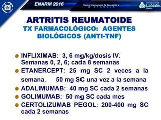 ARTRITIS REUMATOIDE
TX FARMACOLÓGICO: AGENTES
BIOLÓGICOS (ANTI-TNF)
INFLIXIMAB: 3, 6 mg/kg/dosis IV.
Semanas 0, 2, 6; cada 8 semanas
ETANERCEPT: 25 mg SC 2 veces a la
semana. 50 mg SC una vez a la semana
ADALIMUMAB: 40 mg SC cada 2 semanas
GOLIMUMAB: 50 mg SC cada mes
CERTOLIZUMAB PEGOL: 200-400 mg SC
cada 2 semanas
 
