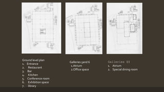 Ground level plan
1. Entrance
2. Restaurant
3. Bar
4. Kitchen
5. Conference room
6. Exhibition space
7. library
Galleries 5and 6
1.Atrium
2.Office space
Galleries 11
1. Atrium
2. Special dining room
 