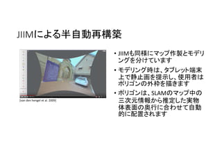 JIIMによる半自動再構築
• JIIMも同様にマップ作製とモデリ
ングを分けています
• モデリング時は、タブレット端末
上で静止画を提示し、使用者は
ポリゴンの外枠を描きます
• ポリゴンは、SLAMのマップ中の
三次元情報から推定した実物
体表面の奥行に合わせて自動
的に配置されます
[van den hengel et al. 2009]
 