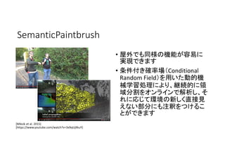SemanticPaintbrush
• 屋外でも同様の機能が容易に
実現できます
• 条件付き確率場（Conditional
Random Field）を用いた動的機
械学習処理により、継続的に領
域分割をオンラインで解析し、そ
れに応じて環境の新しく直接見
えない部分にも注釈をつけるこ
とができます
[Miksik et al. 2015]
[https://www.youtube.com/watch?v=3x9qtJjXkuY]
 
