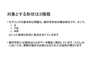 対象とする形状は３種類
• モデリングの基本的な問題は、幾何学形状の構成単位です。そこで、
1. 点
2. 平面
3. 体積
といった単純な形状に焦点を当てていきます
• 幾何学的には実体はCADのデータ構造に類似しています。ただしAR
においては、実際の動きが必要となるため入力技術が異なります
 