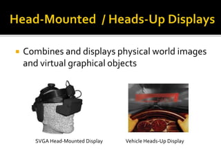  Combines and displays physical world images
and virtual graphical objects
SVGA Head-Mounted Display Vehicle Heads-Up Display
 