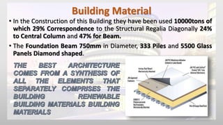 Building Material
• In the Construction of this Building they have been used 10000tons of
which 29% Correspondence to the Structural Regalia Diagonally 24%
to Central Column and 47% for Beam.
• The Foundation Beam 750mm in Diameter, 333 Piles and 5500 Glass
Panels Diamond shaped.
 