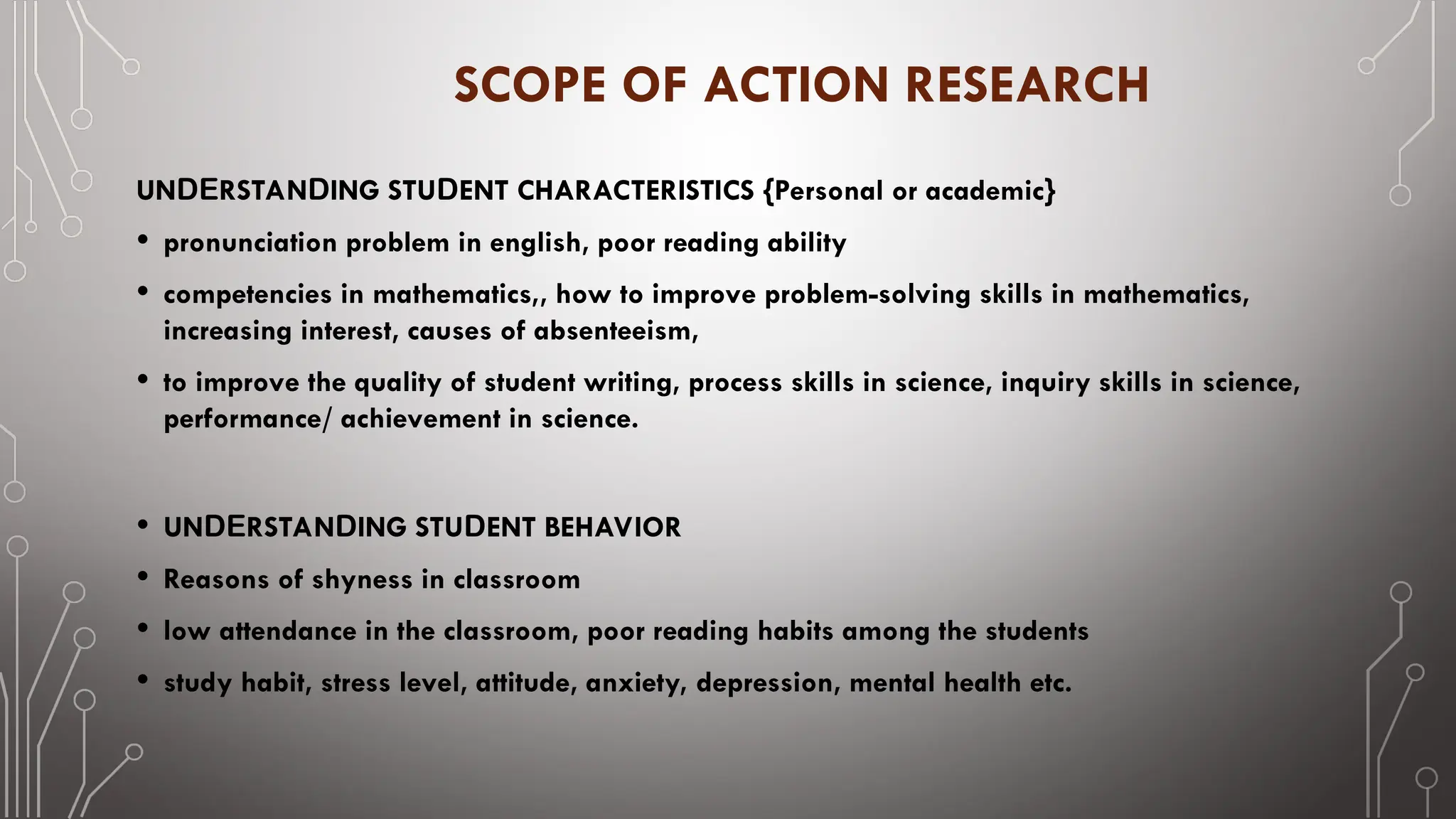 SCOPE OF ACTION RESEARCH
UNDERSTANDING STUDENT CHARACTERISTICS {Personal or academic}
• pronunciation problem in english, poor reading ability
• competencies in mathematics,, how to improve problem-solving skills in mathematics,
increasing interest, causes of absenteeism,
• to improve the quality of student writing, process skills in science, inquiry skills in science,
performance/ achievement in science.
• UNDERSTANDING STUDENT BEHAVIOR
• Reasons of shyness in classroom
• low attendance in the classroom, poor reading habits among the students
• study habit, stress level, attitude, anxiety, depression, mental health etc.
 