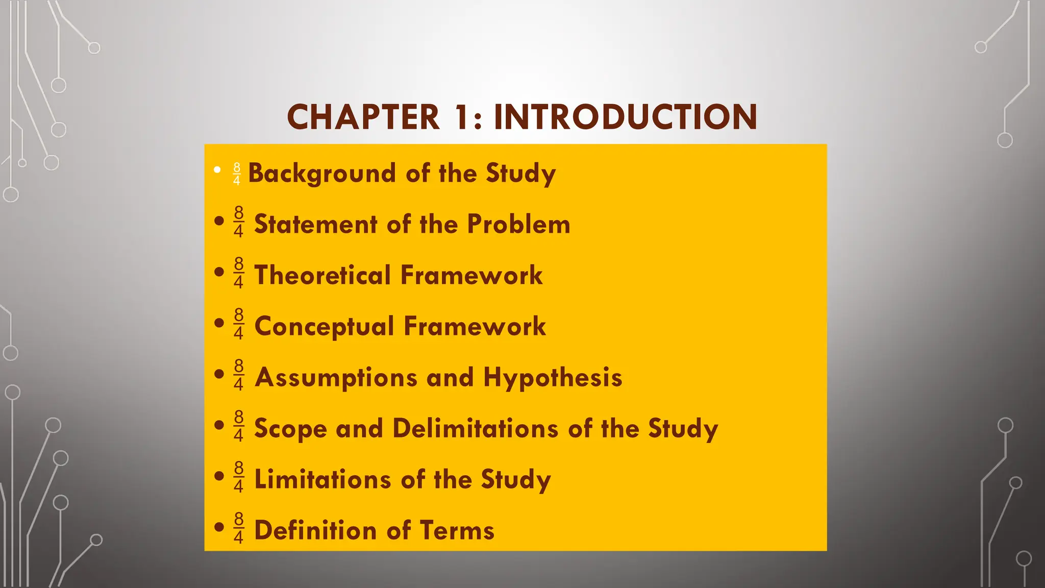 CHAPTER 1: INTRODUCTION
•  Background of the Study
•  Statement of the Problem
•  Theoretical Framework
•  Conceptual Framework
•  Assumptions and Hypothesis
•  Scope and Delimitations of the Study
•  Limitations of the Study
•  Definition of Terms
 